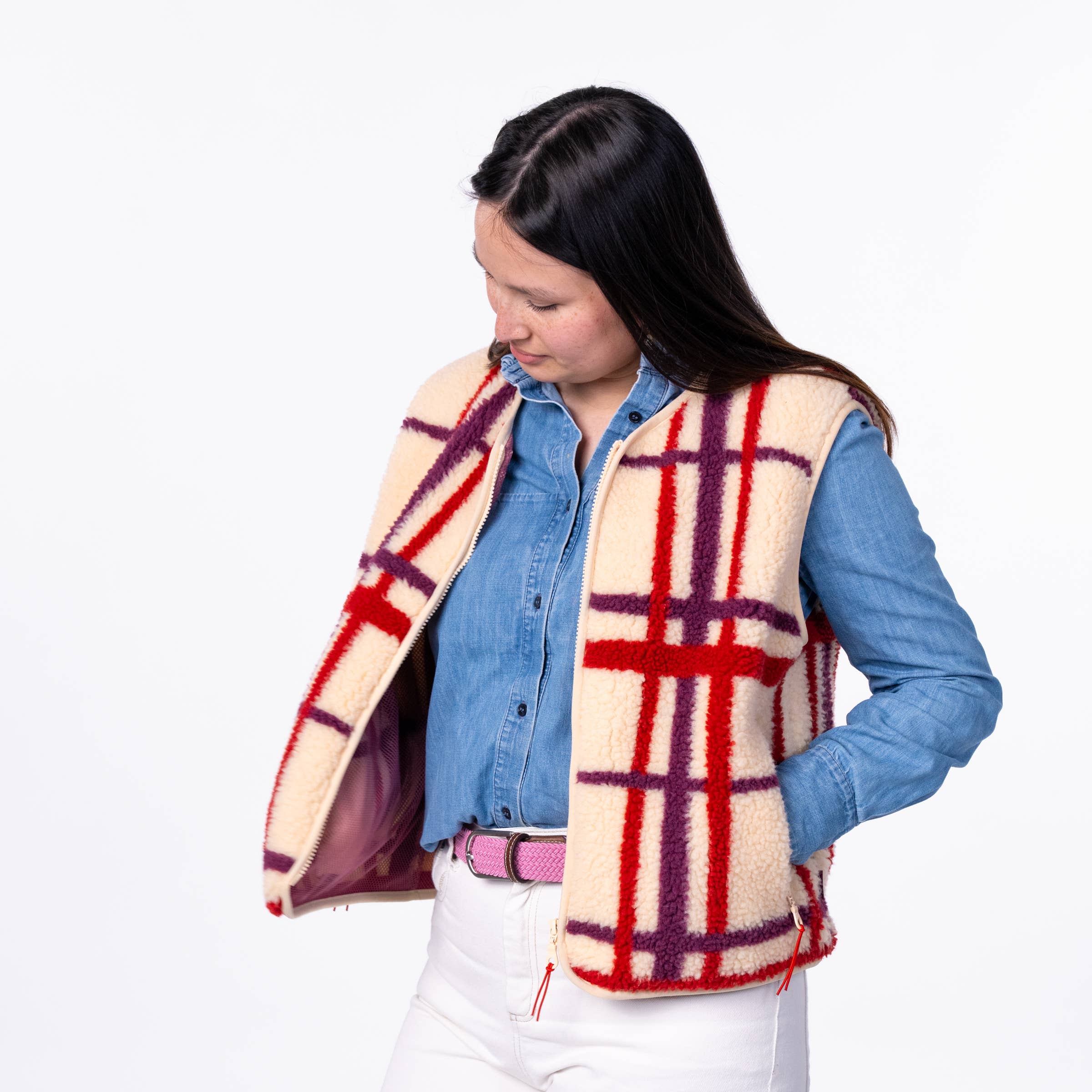 BILLYBELT – Colete - Mulher por atacado – Colete xadrez sherpa feminino sem mangas com zíper2