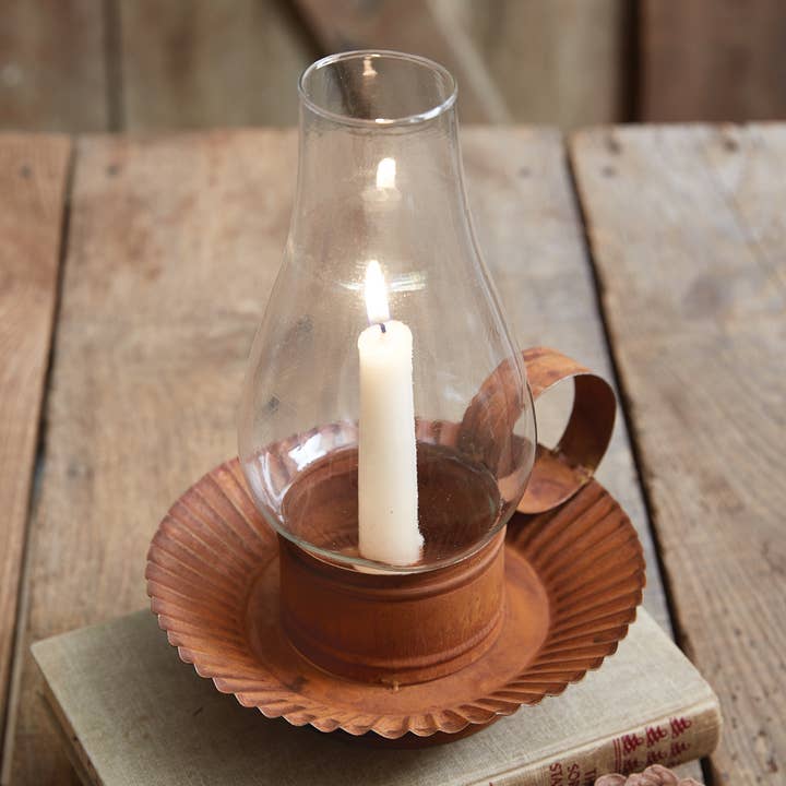 CTW Home Collection - Wholesale Candle Holder - Rustic Chamberstick Candle Holder with Glass Hurricane