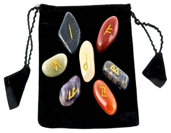 GREENROOTS USA LLC - Wholesale Spiritual Stone/Crystal - Carved 7 Chakra Tumbled Rune Set In Velvet Pouch0