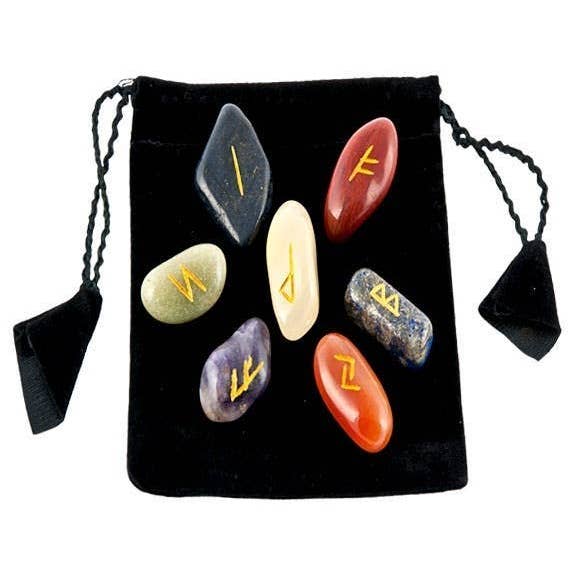 GREENROOTS USA LLC - Wholesale Spiritual Stone/Crystal - Carved 7 Chakra Tumbled Rune Set In Velvet Pouch