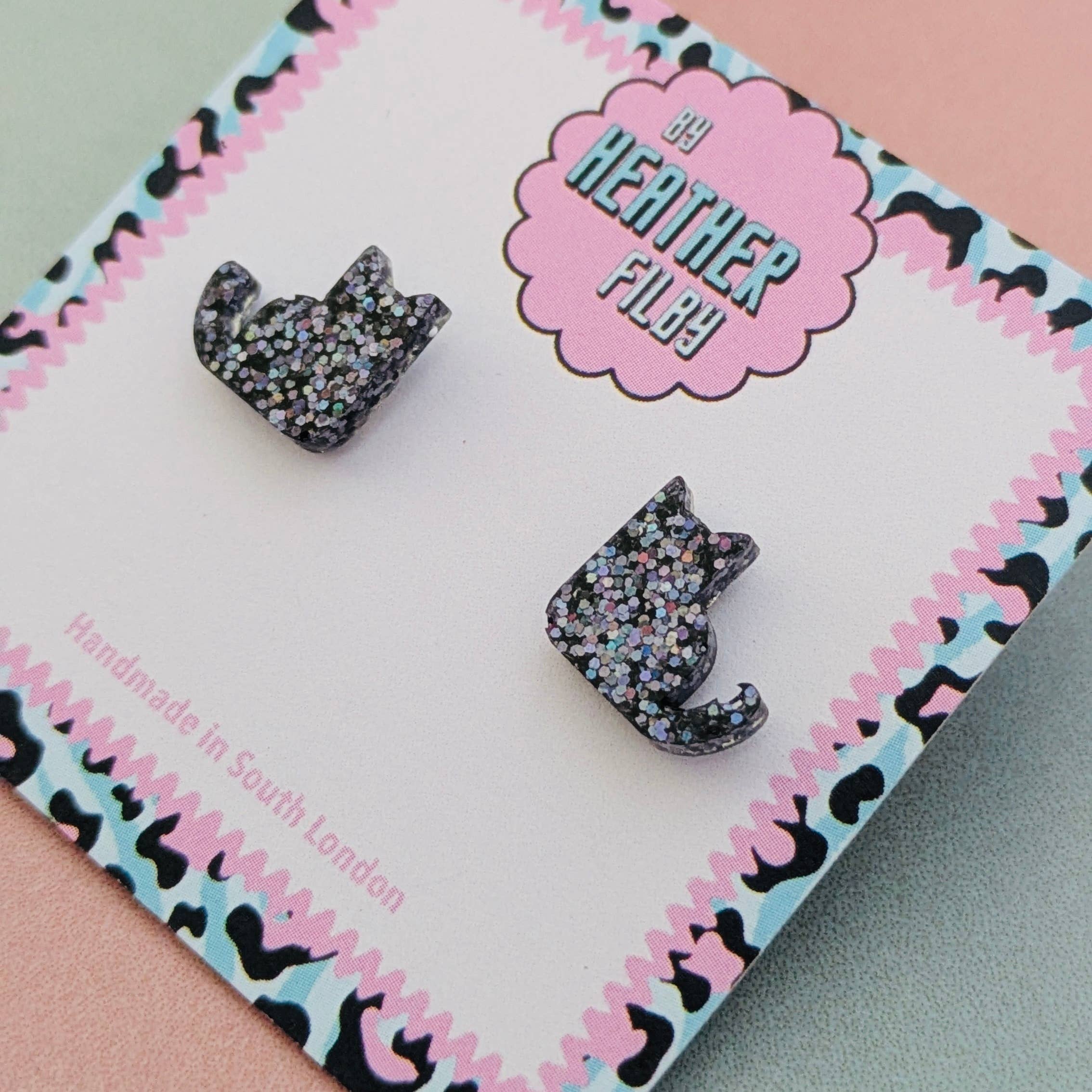 By Heather Filby – wholesale Stud/post earrings – Black Cat Glitter Stud Earrings - Best Seller3