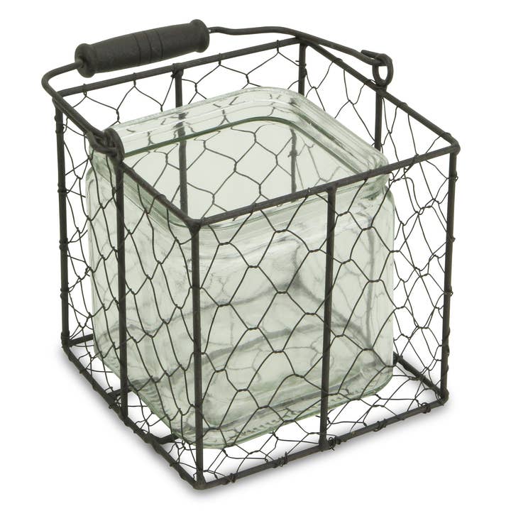 Cheungs Home Decor – Engroshandel Pyntekrukke – Teska Square glaskrukke i brun trådkurv1