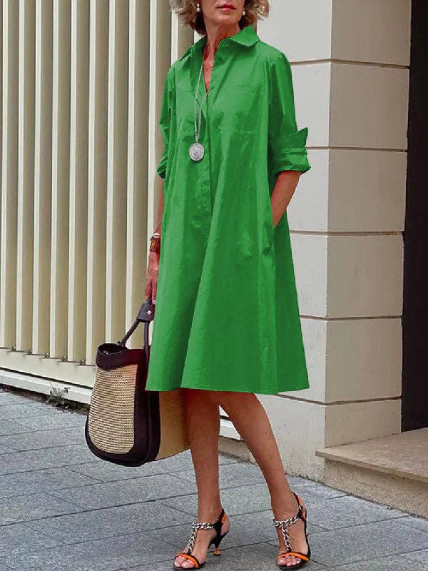 StyleGalX - Wholesale Dress - Women's - Simple Long Sleeves Solid Color Lapel Midi Dress6