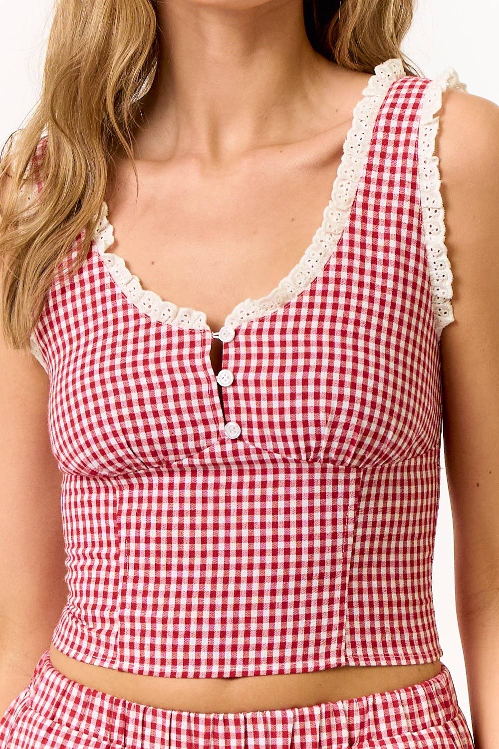 Blue Blush - Wholesale Blouse - Women's - Gingham Lace Crop Top6