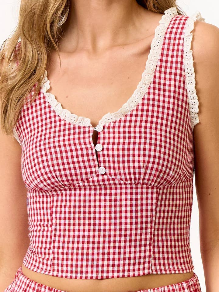 Blue Blush - Wholesale Blouse - Women's - IBT32237 Gingham Lace Crop Top6