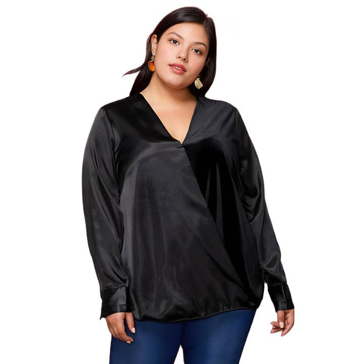 Pleione Plus Size Dam Charmeuse Kontrast Korsad Front Blus för wholesale av Robin K