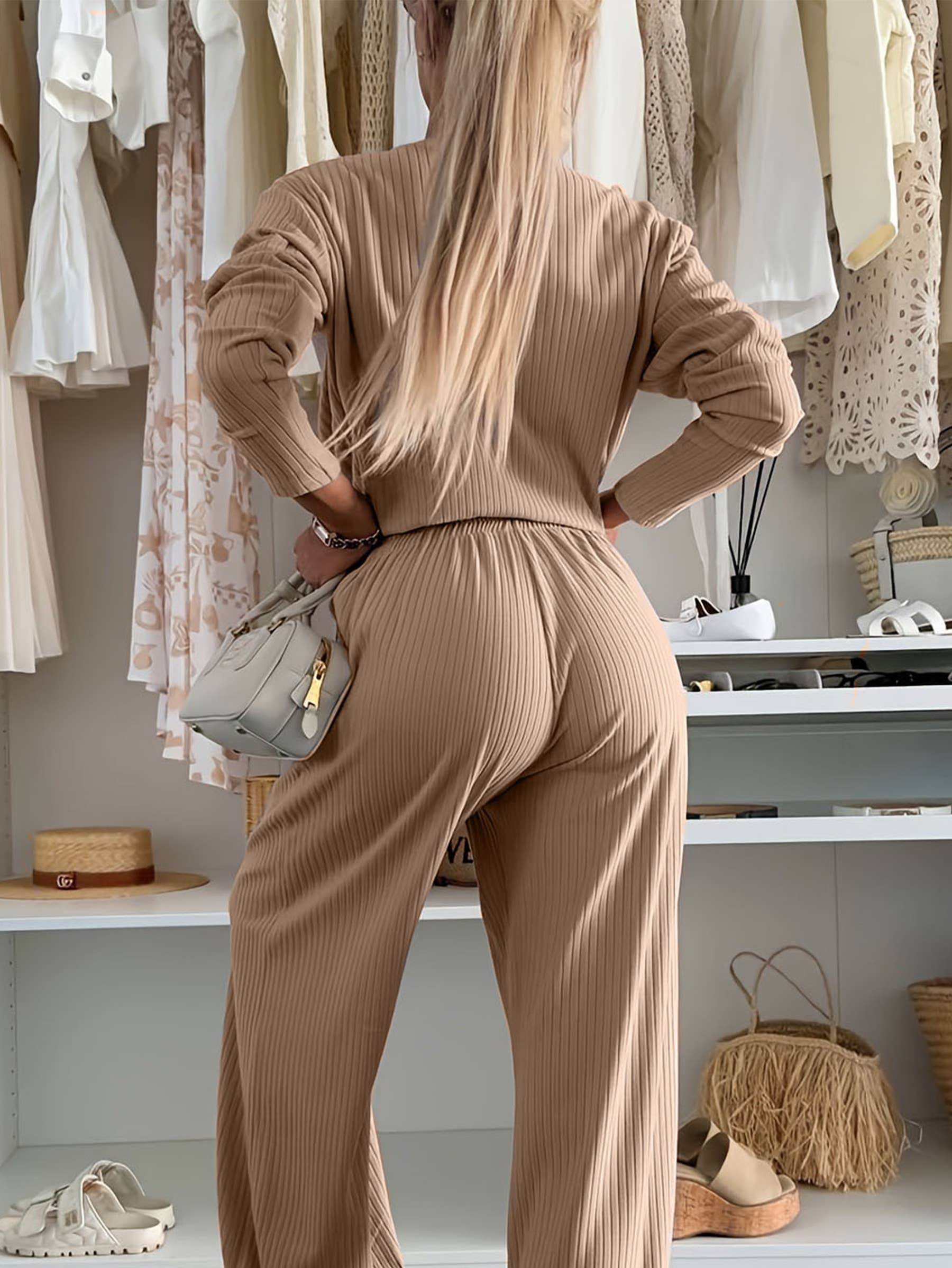 Marron Ensemble deux pièces : haut à manches longues et pantalon taille haute en vente sur Faire2