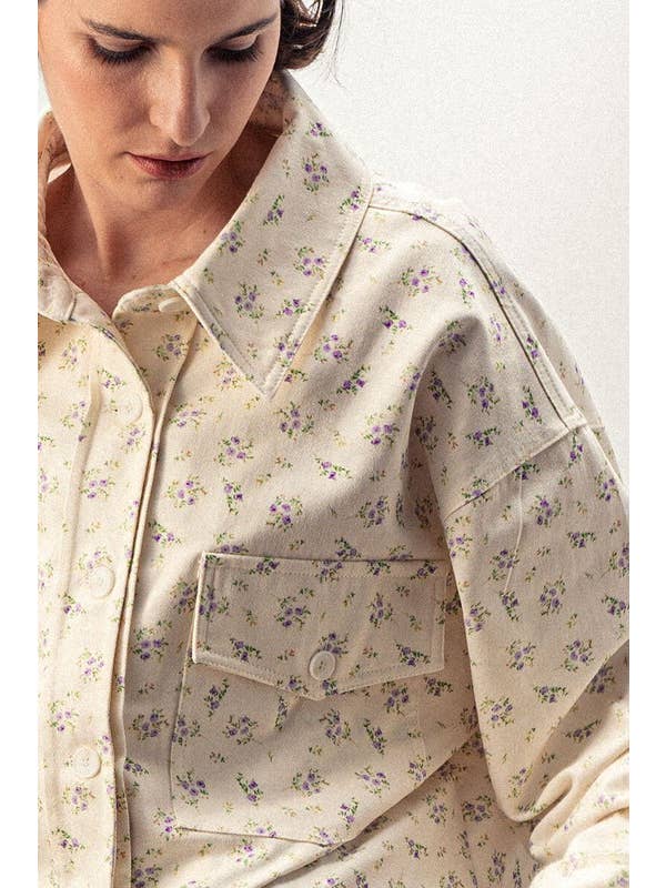 Urban Daizy - Wholesale Jacket - Women's - Floral Print Button Front Raw Hem Cotton Utility Jacket15