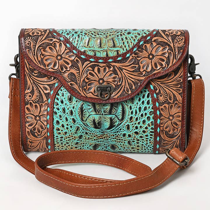 LS Western - Wholesale Crossbody Bag - Women's - ADBG1303 Tooled Leather & Turquoise Croc-Embossed Crossbody Bag1