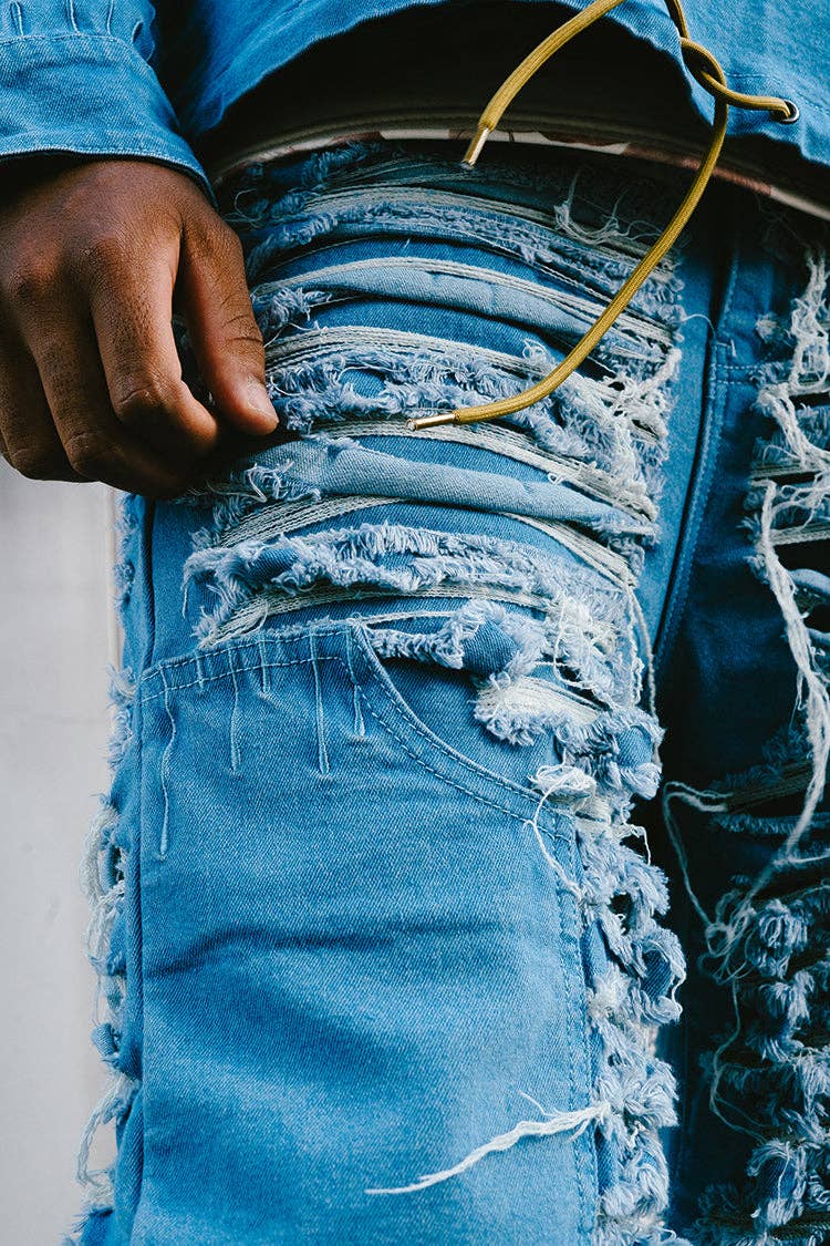 Denim Dawn Damaged Flared Stacked Jeans for wholesale on Faire10