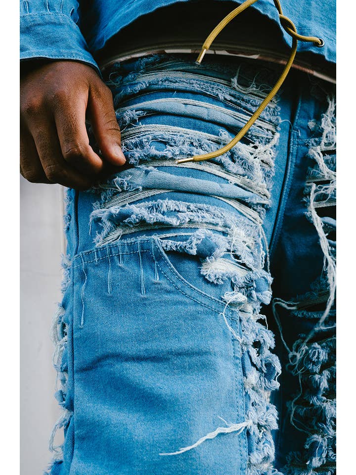 Denim Dawn Damaged Flared Stacked Jeans for wholesale on Faire10