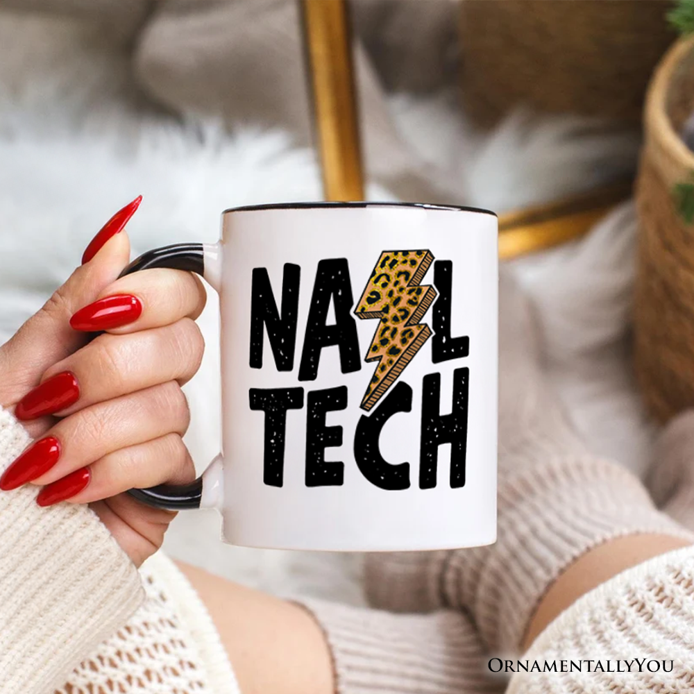 White Black Handle Nail Tech Leopard Lightning Personalized Mug, Retro Stylist  for wholesale on Faire0
