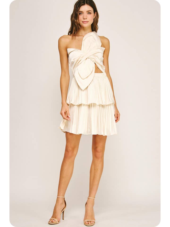 Strut & Bolt - Wholesale Dress - Women's - Knotted Flower Bow Satin Pleated Mini Dress19