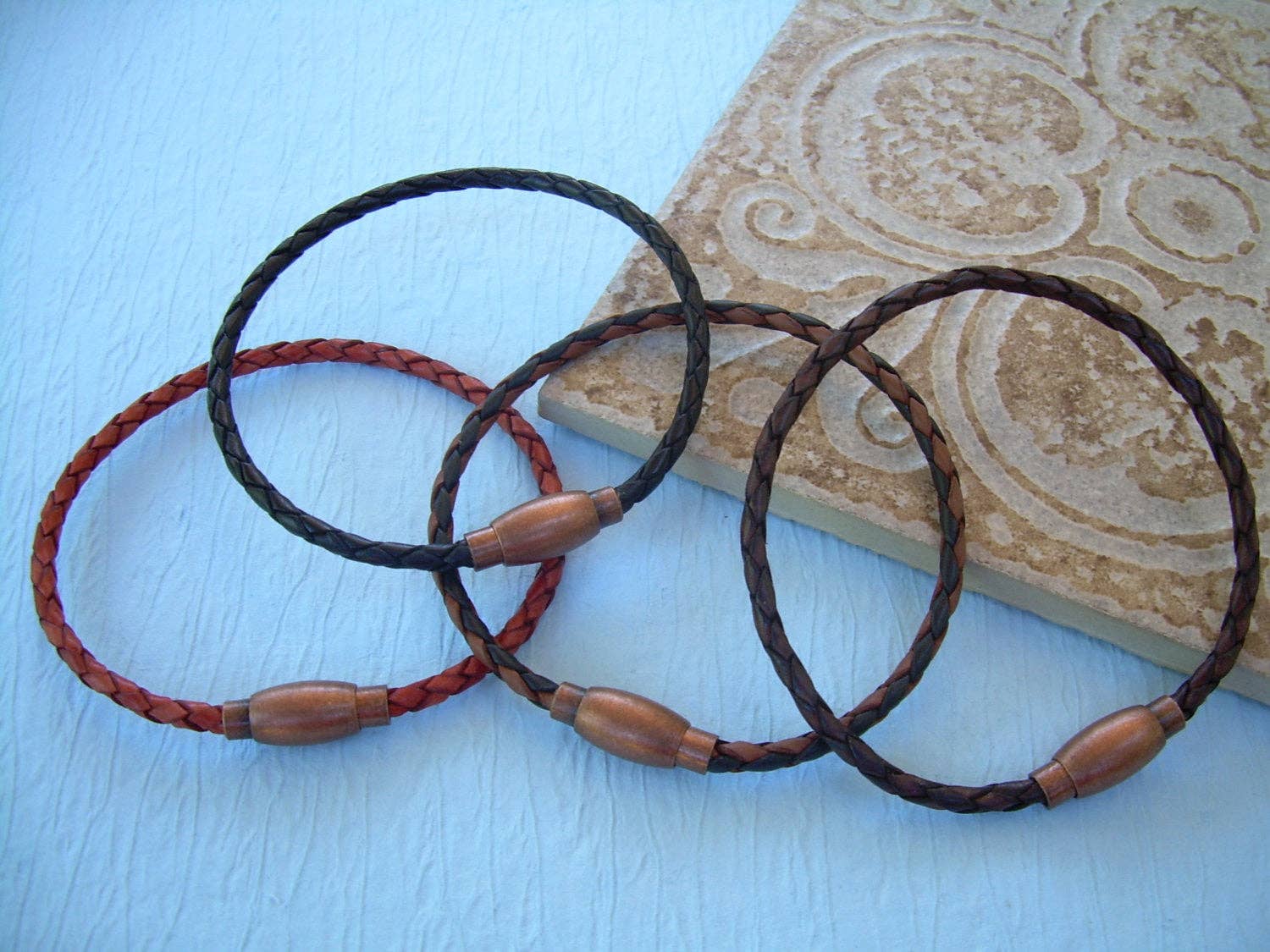 Urban Survival Gear USA - Wholesale Jewelry - Men's - Thin Braided Leather Bracelet with Copper toned Brass Magnetic Clasp Mens Jewelry Mens Bracelets Leather Bracelet Boyfriends Gift Mens3