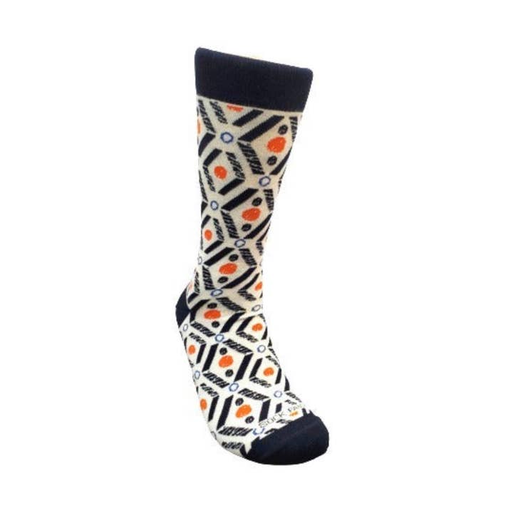 Salmon and Navy Blue Patterned Socks (Adult Large - Men's Shoe Sizes 8-12) from the Sock Panda for wholesale by Sock Panda