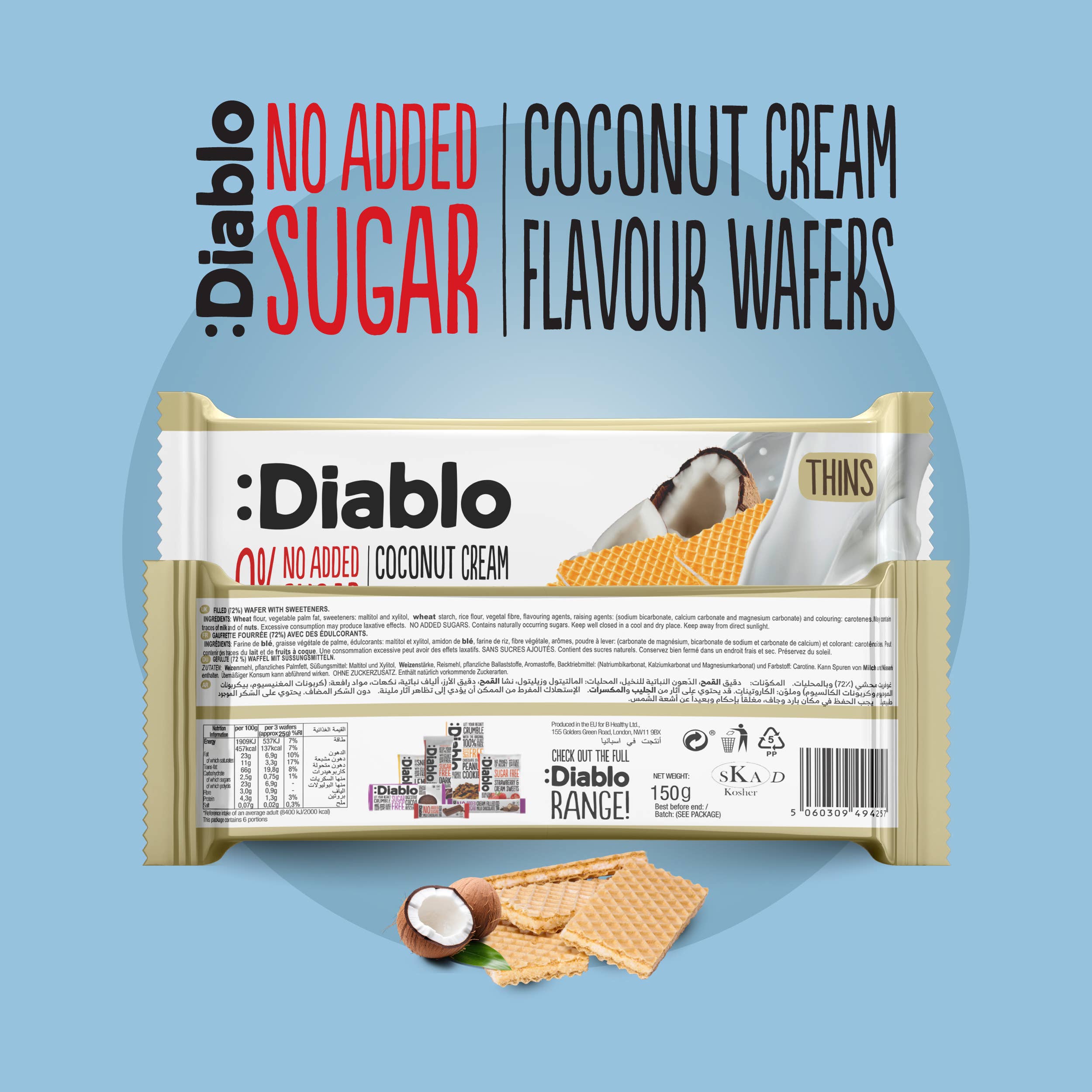 Diablo Sugar Free - Vendita all'ingrosso Biscotti - :Diablo Wafer al Cocco Senza Zuccheri Aggiunti 150g1