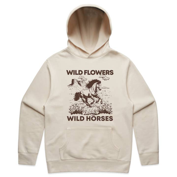 Felpa sbiadita con grafica di cavalli selvaggi e fiori di campo con estetica western per la vendita all'ingrosso da parte di OSME