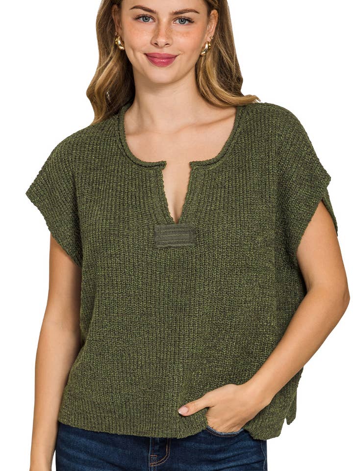 Back Patch Rolled Split-neck Side Slit Pullover for wholesale by Vanilla Monkey