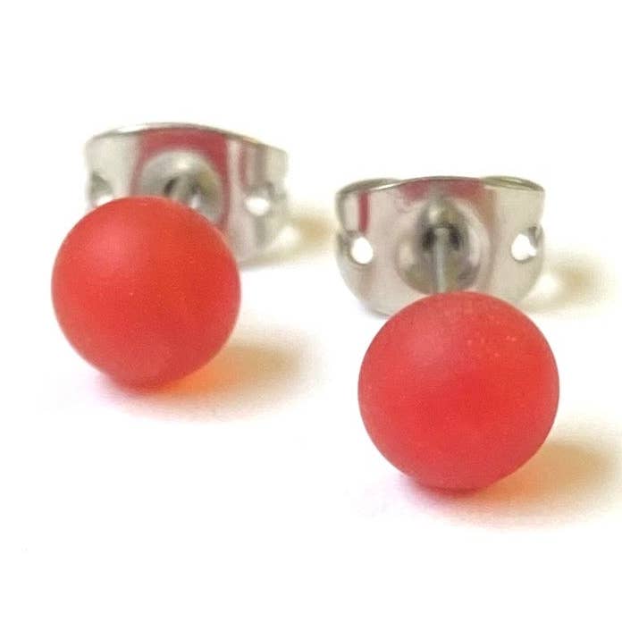 Frosted Ruby Handmade Glass Mini Stud Earrings for wholesale by Helen Chalmers