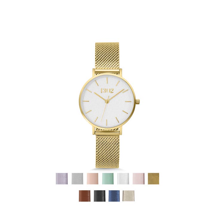 Women's 32mm Watch: Gold Case with White Textured Dial for wholesale by 1302 Watch Co.