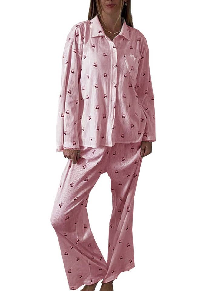 DE VAVE - Wholesale Sleepwear Set - Women's - Cherry Print Button-Front Pajama Set