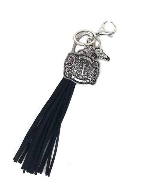 Snowing West - Wholesale Keychain - Unisex - Western Belt Buckle Initial Black Tassel Keychain8