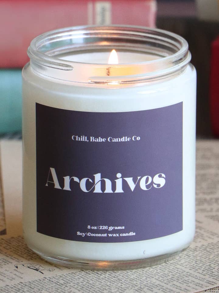 Old Book Candle, Ink + Leather + Paper, Archives for wholesale by Chill, Babe Candle Co