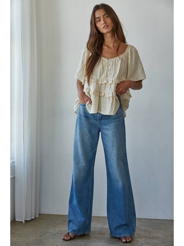 Natural L8414 | Woven Rayon Tencel V-Neck Short Cap Sleeve Blouse To for wholesale on Faire