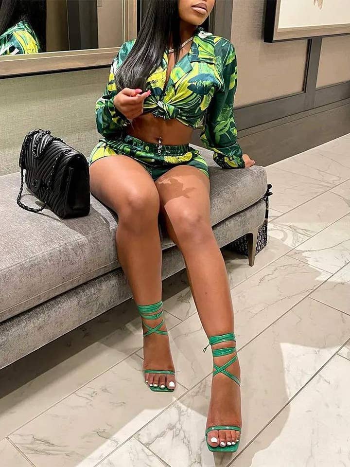 Flarix - Wholesale Top & Short Set (NOT Loungewear) - Women's - print tied detail long sleeve top shorts set12