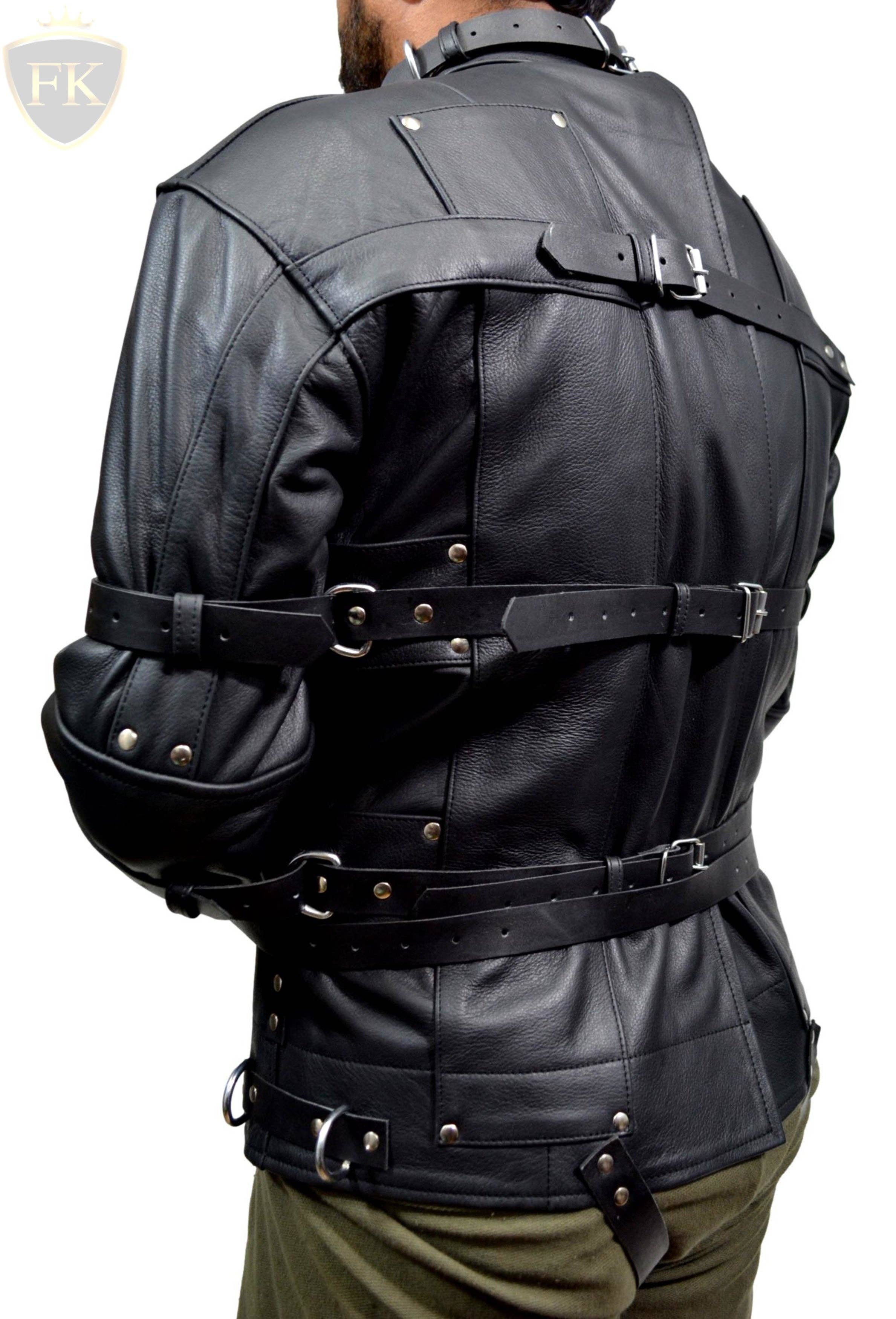 Meninleather – wholesale Leather jacket – Men′s – Men Leather Straitjacket Straight jacket with Locking Buckles Belts6