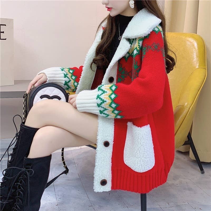 Plush Looks - Wholesale Jacket - Women's - Loose Knit Cardigan With Pockets Lapel Long Sleeve0