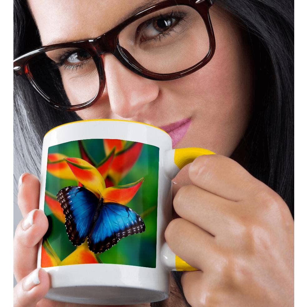 3dRose - Wholesale Coffee Mug - 3dRose, Blue Morpho Butterfly sitting on tropical Heliconia flowers, Mug1