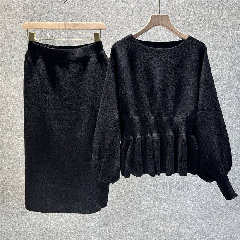 UZ Wholesale Store - Wholesale Top & Skirt Set - Women's - Two-Piece Lantern Sleeve Sweater And Bodycon Skirt0