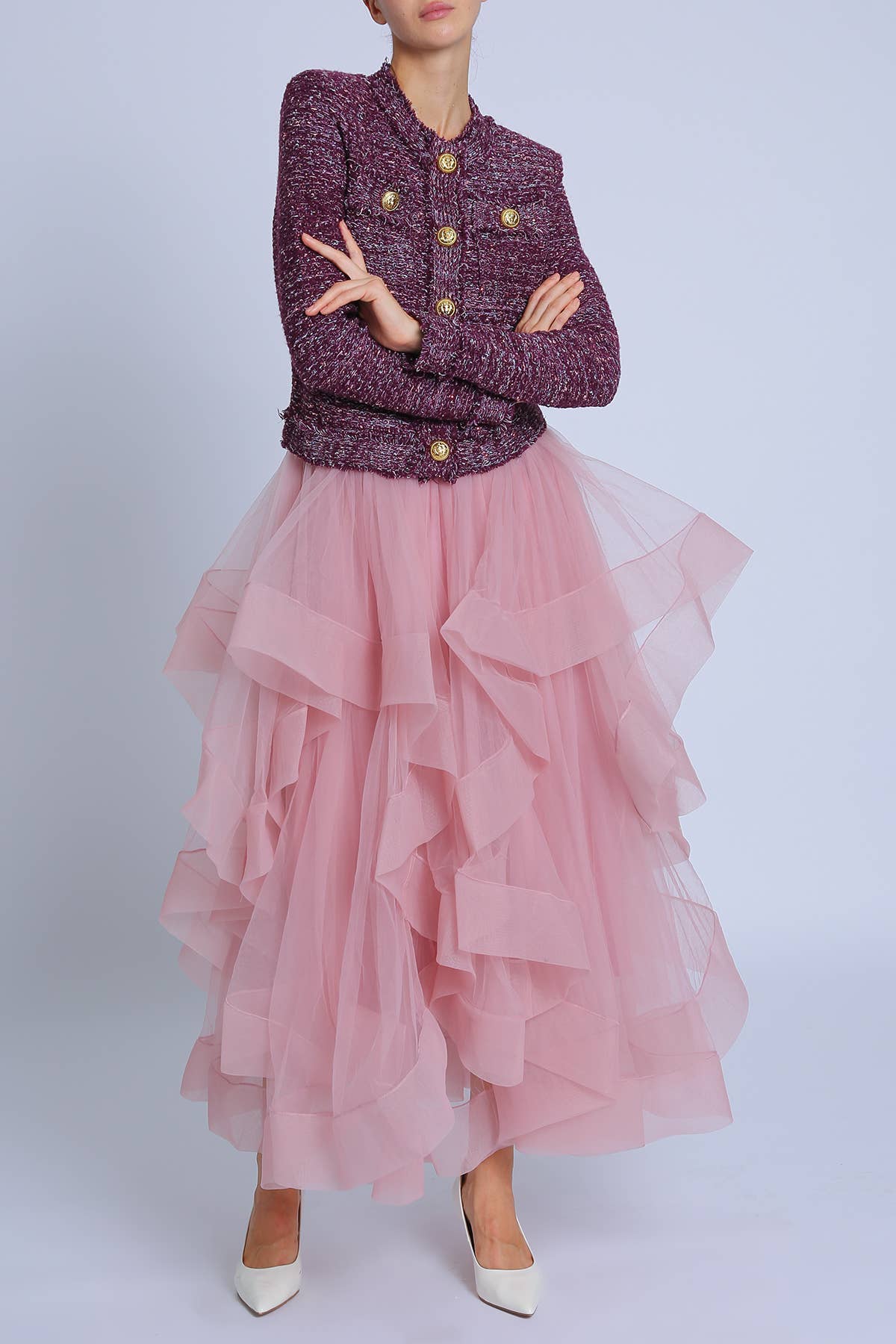 Plum Fringe Trim Detail Tweed Jacket PC4187 for wholesale on Faire6