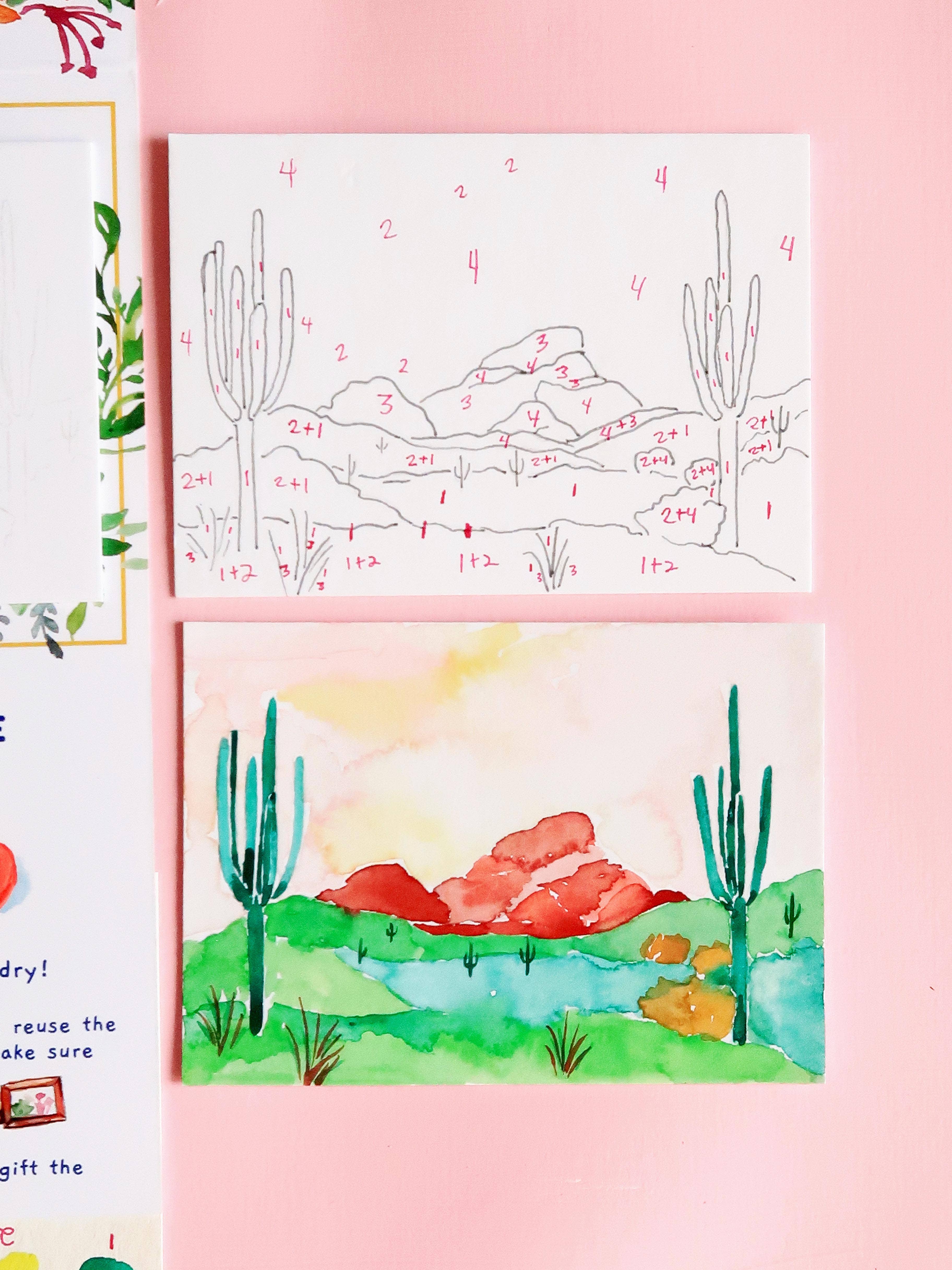 Pink Puddle Studio – Großhandel Bastelset – Kaktus-Wüstenlandschaft Aquarell Malen nach Zahlen DIY-Set2