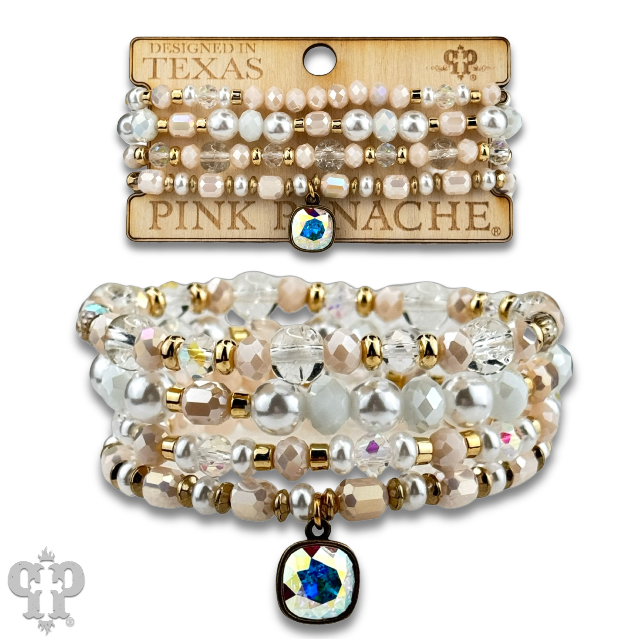 Pink Panache Brands - Wholesale Jewelry Set - Pearl, glass and gold bead bracelet with Austrian crystal0