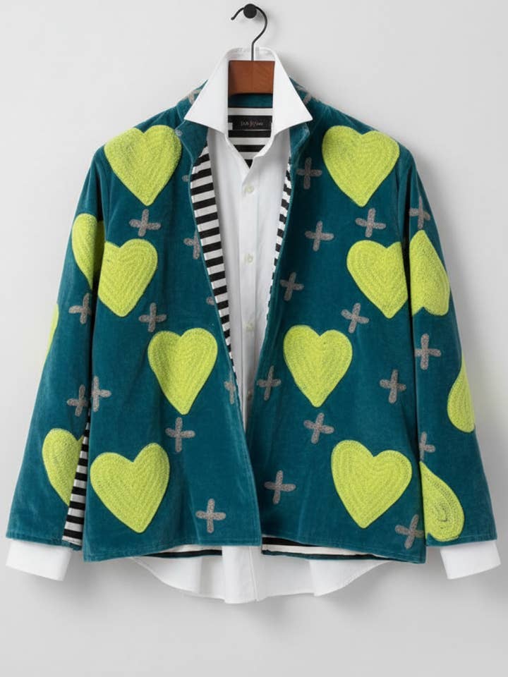 Turquoise and Neon Velvet Heart Jacket for wholesale by Chap and Graham Designs