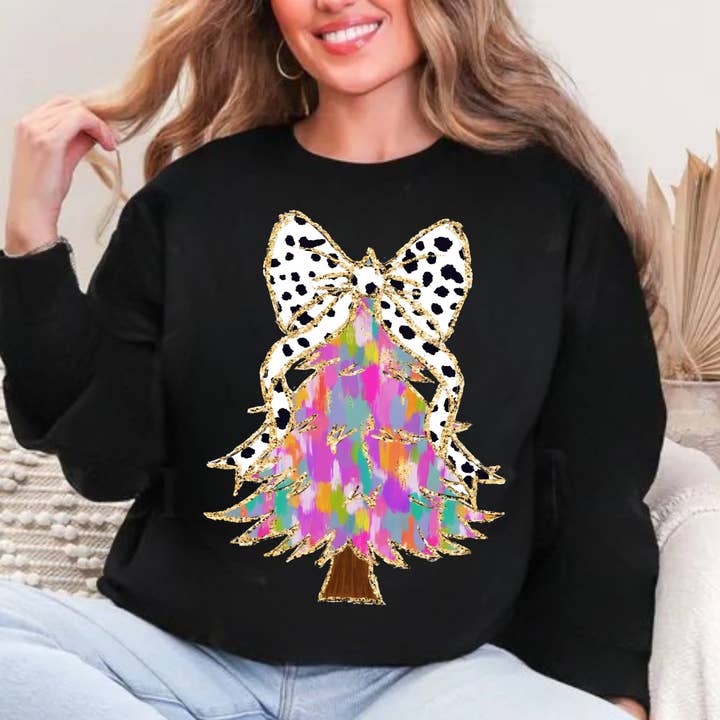 Texas Twisted Wholesale - Wholesale Graphic sweatshirt – Women’s - Christmas Tree Pastel Water Color Coquette Sweatshirt3
