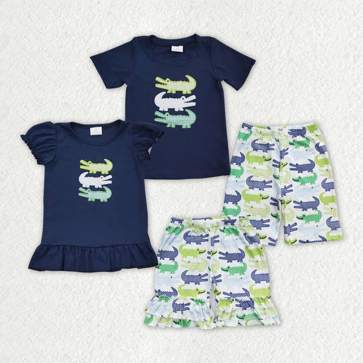 Sibling Boys Baby Girls Summer Crocodile Embroidery Shorts Sets for wholesale by Aier Wholesale
