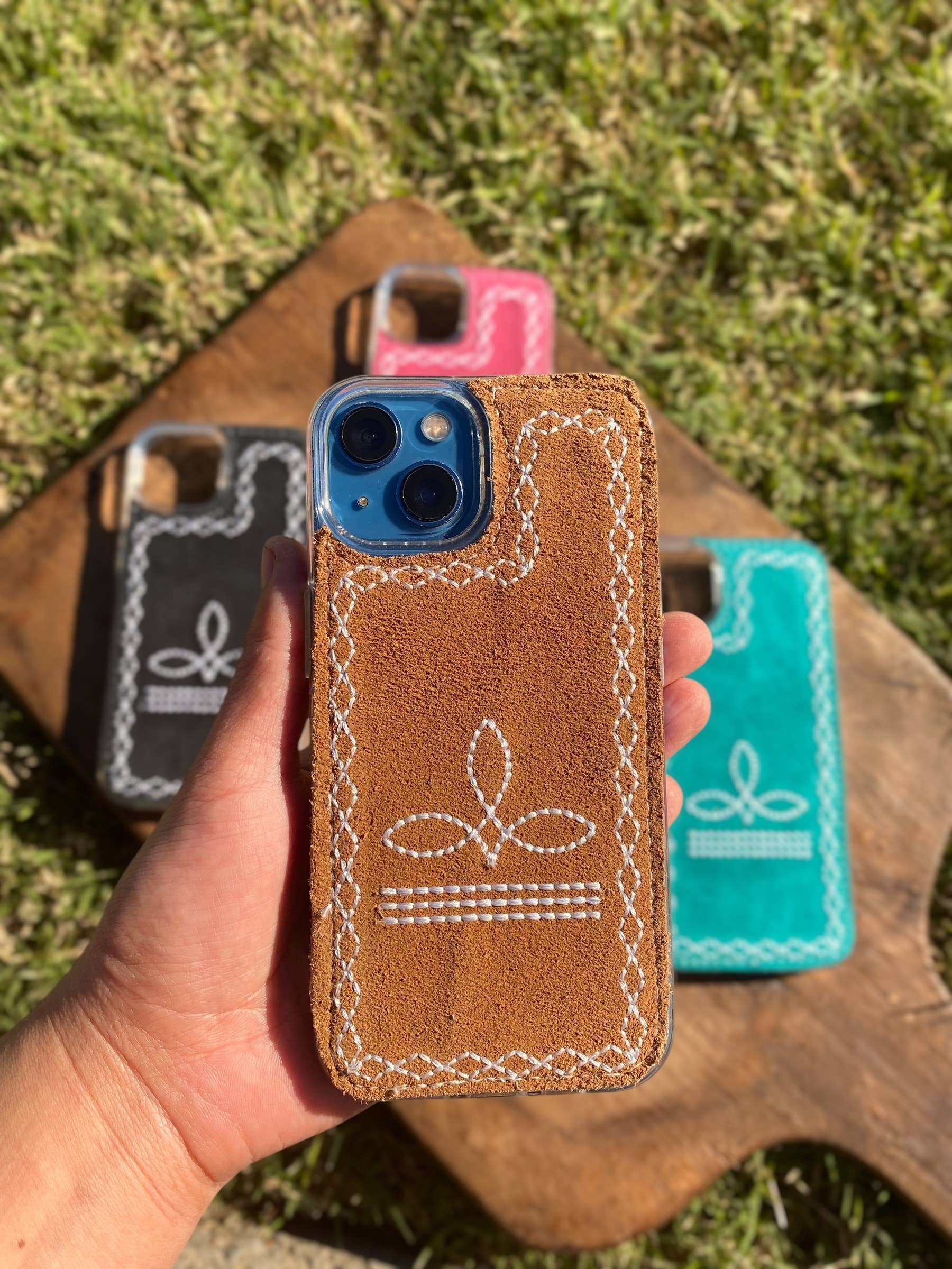 Western Linens - Wholesale Phone Case - Women's - Pink Boot-Stitch Suede Leather Phone Case 4