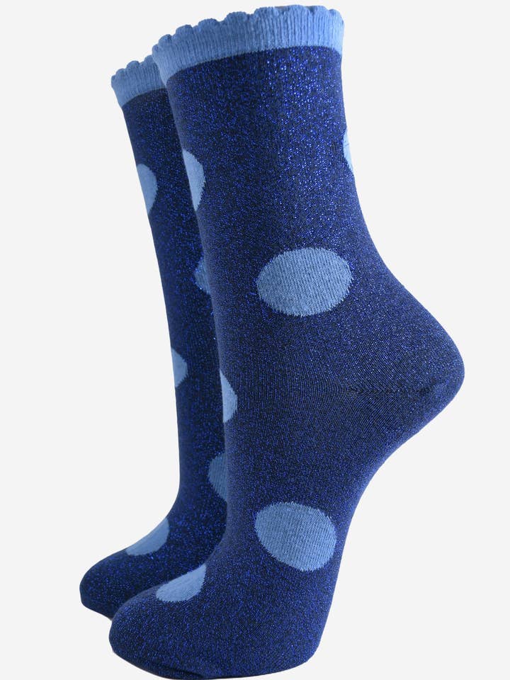 Women's Glitter Socks - Navy Blue/Light Blue Large Polka Dot for wholesale by Sock Talk