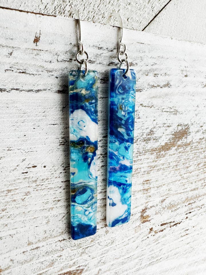 "Waves" Blue Swirl Long Bar Earrings for wholesale by Boho By Design