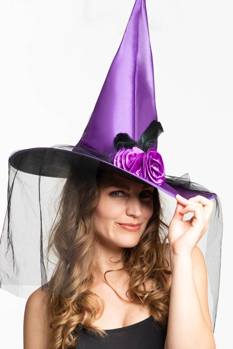 Partychimp – wholesale Party hat/crown – Witch Hat with Veil & Flower Decoration - Party Accessory2