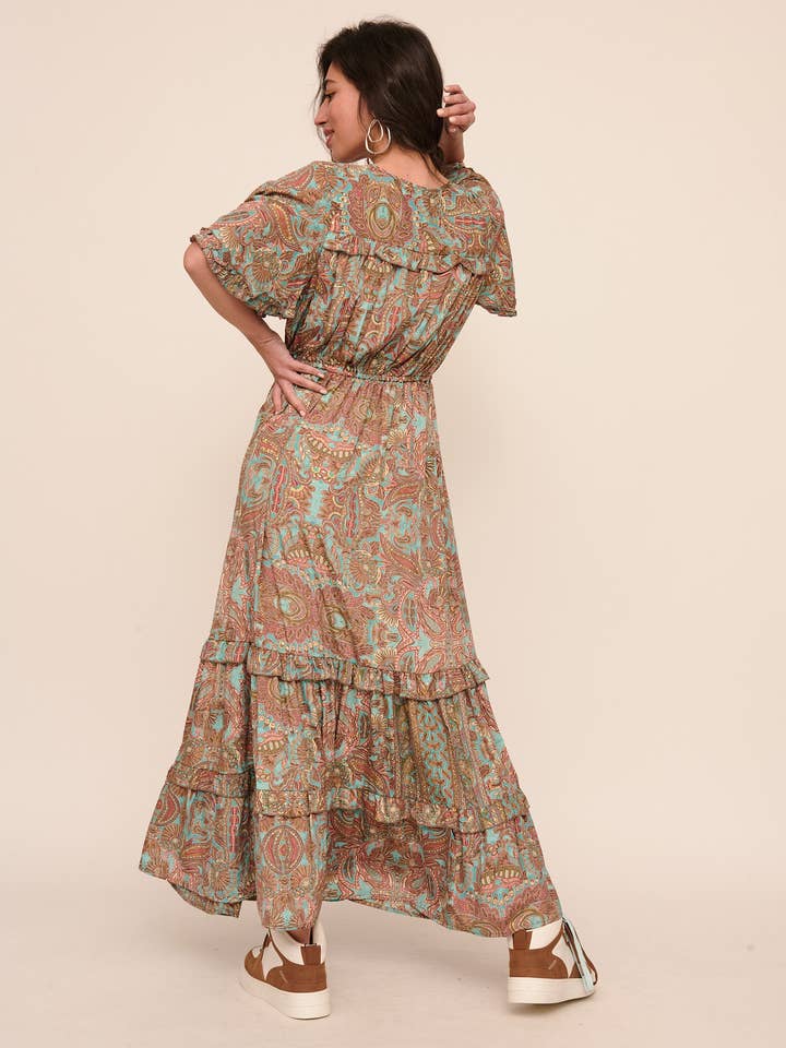 TURQUOISE WOMEN'S LONG FLORAL PRINT DRESS, RUFFLED SLEEVES for wholesale on Faire