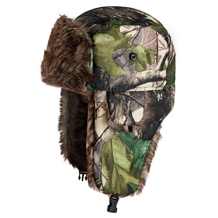 Cap Zone - Wholesale Trapper/Bomber Hat - Unisex - Hunt Camo Faux Fur Lined Bomber Trapper Hat