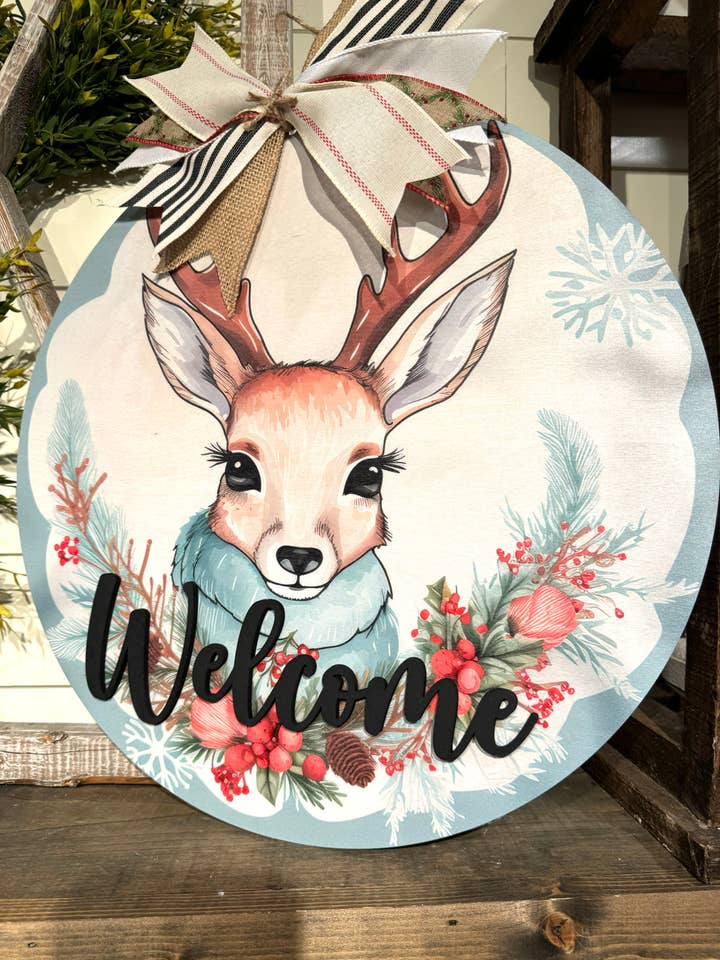 Round Wooden Sign - 18" or 21.65" - Welcome Deer for wholesale by Whippoorwill Charm