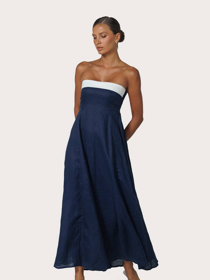 Alora Strapless Linen Maxi Dress in Navy for wholesale by Lusana