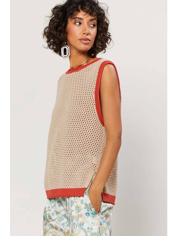 Sand Slvless Open Knit Sweater W/ Contrast Accents for wholesale on Faire