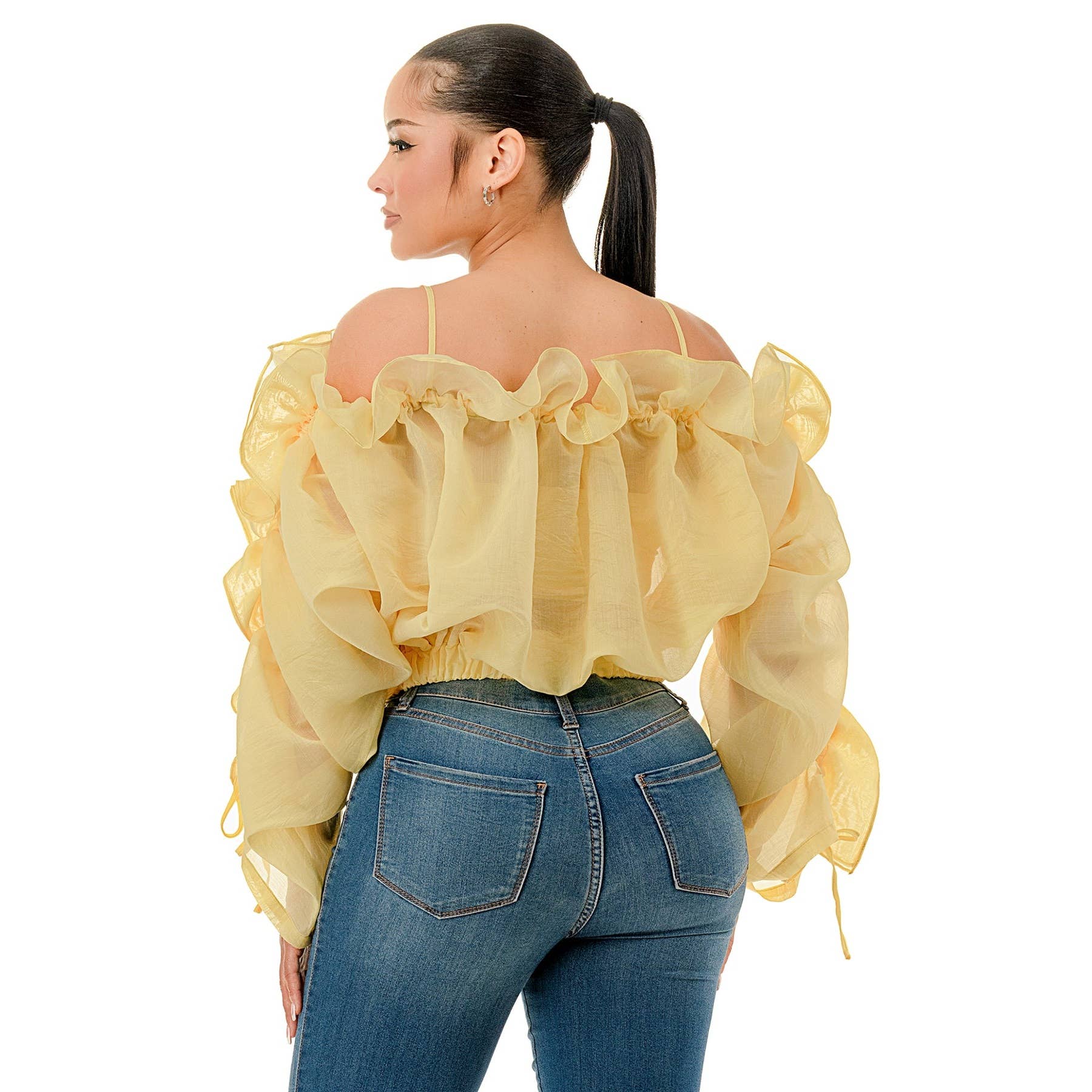 DORCAS - Wholesale Blouse - Women's - Plus Off the Shoulder Long Sleeve Ruffle Sheer Top5