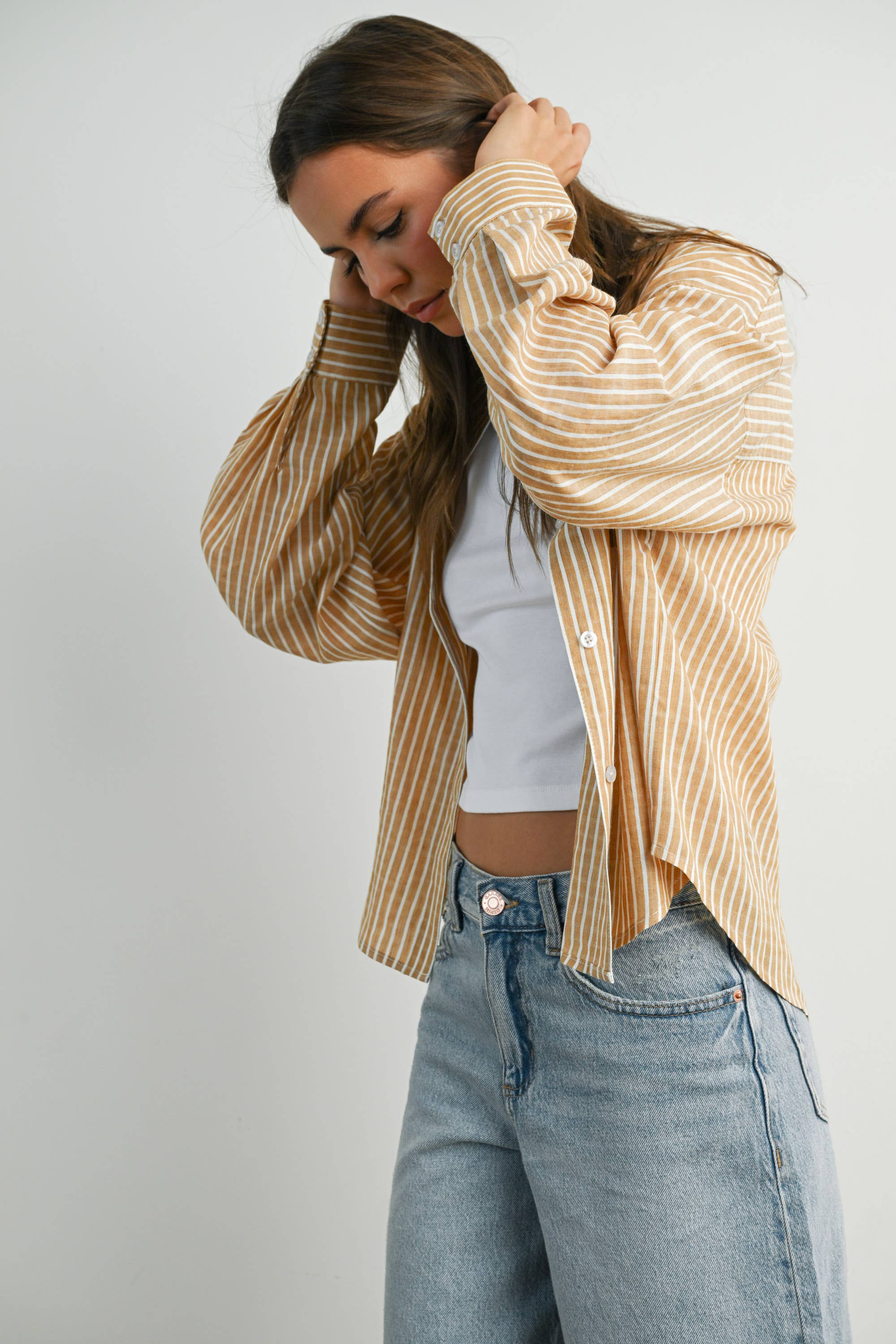 BUTTERMELON - Vente Chemise à col boutonné – femme - Haut à manches longues à rayures et col boutonné raccourci - BMT791521